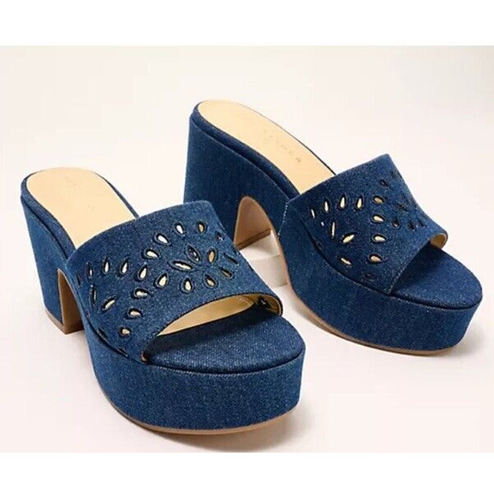 New Marc Fisher LTD Foreva2 Platform Mules Perforated Block Heel Blue‎ Size 10M